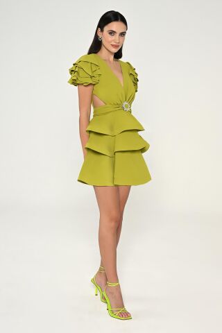 Fırfırlı Balon Kol V Yaka Katlı Etek Krep Kısa Elbise OKSİT YEŞİL - 42
