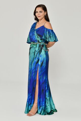 Belden Zincirli Desenli Kumaş Saten Uzun Elbise SAKS / YEŞİL - 46