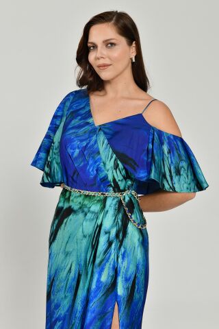 Belden Zincirli Desenli Kumaş Saten Uzun Elbise SAKS / YEŞİL - 46