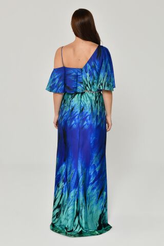 Belden Zincirli Desenli Kumaş Saten Uzun Elbise SAKS / YEŞİL - 46