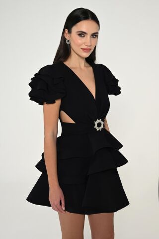 Fırfırlı Balon Kol V Yaka Katlı Etek Krep Kısa Elbise Siyah - 40