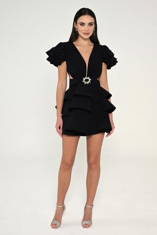 Fırfırlı Balon Kol V Yaka Katlı Etek Krep Kısa Elbise Siyah - 40