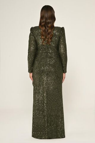 V Yaka Uzun Kollu  Payet Uzun Elbise Nefti - 48