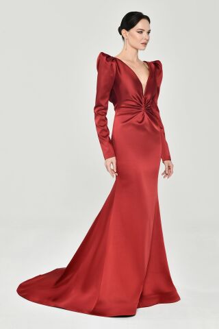 Uzun Kollu Vatkalı Önü Büzgülü Saten Uzun Elbise Bordo - 42