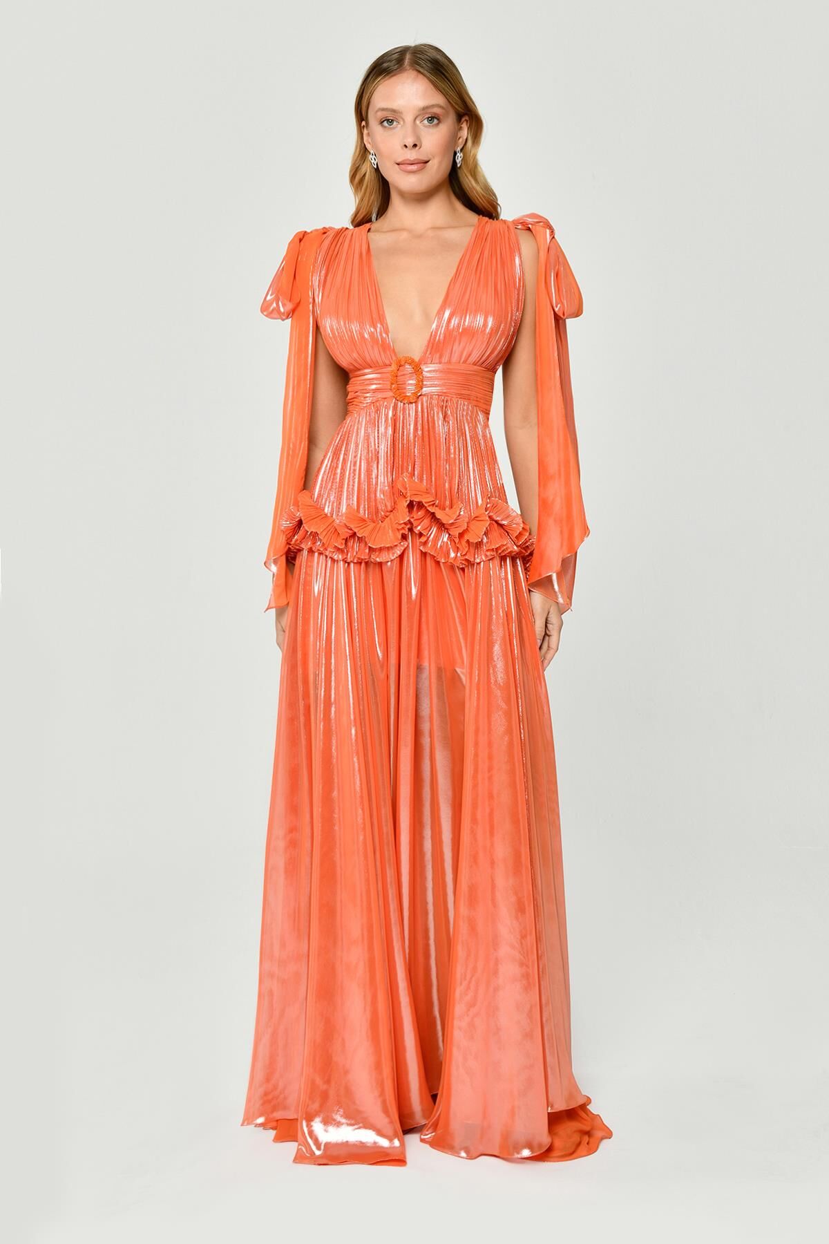 Derin V Yaka Beli  Fırfırlı Tokalı Parlak Şifon Uzun Elbise ORANGE - 38