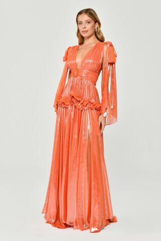 Derin V Yaka Beli  Fırfırlı Tokalı Parlak Şifon Uzun Elbise ORANGE - 38