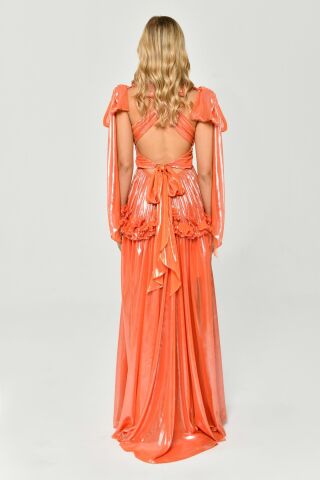 Derin V Yaka Beli  Fırfırlı Tokalı Parlak Şifon Uzun Elbise ORANGE - 38