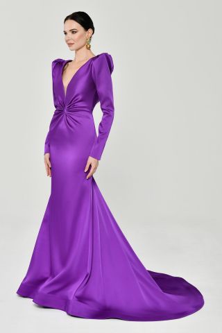 Uzun Kollu Vatkalı Önü Büzgülü Saten Uzun Elbise Mor - 44