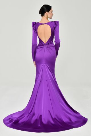 Uzun Kollu Vatkalı Önü Büzgülü Saten Uzun Elbise Mor - 44