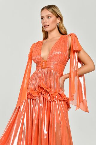 Derin V Yaka Beli  Fırfırlı Tokalı Parlak Şifon Uzun Elbise ORANGE - 40