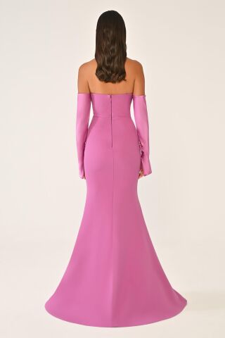 Straplez Kollu Balık Kesim Uzun Elbise GÜL KURUSU - 38