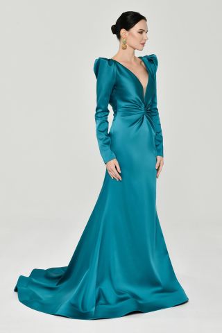 Uzun Kollu Vatkalı Önü Büzgülü Saten Uzun Elbise TURKUAZ - 38