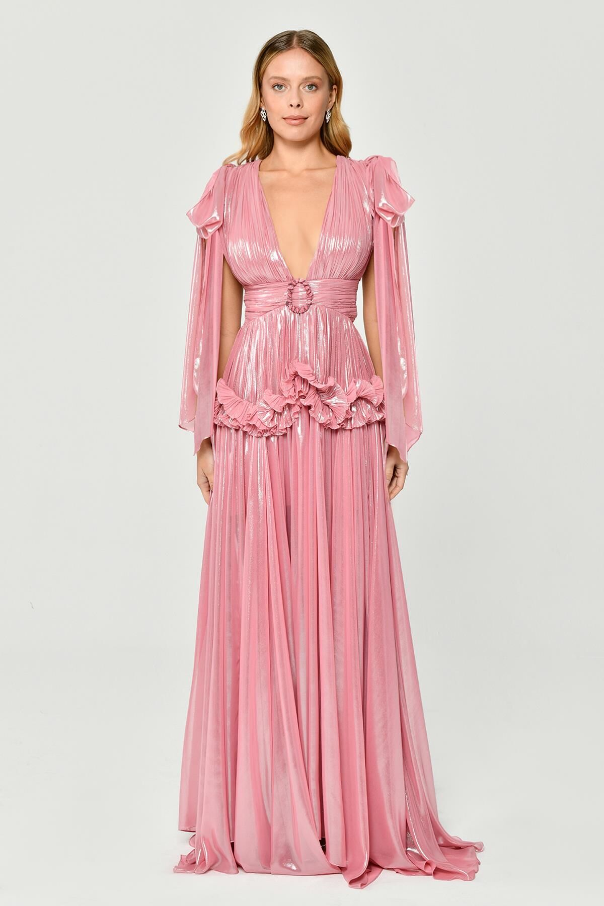 Kleid mit tiefem V-Ausschnitt, Rüschen und Schnallen, glänzendem Chiffon, langes Kleid, Rosa - 38