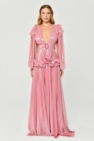 Kleid mit tiefem V-Ausschnitt, Rüschen und Schnallen, glänzendem Chiffon, langes Kleid, Rosa - 38