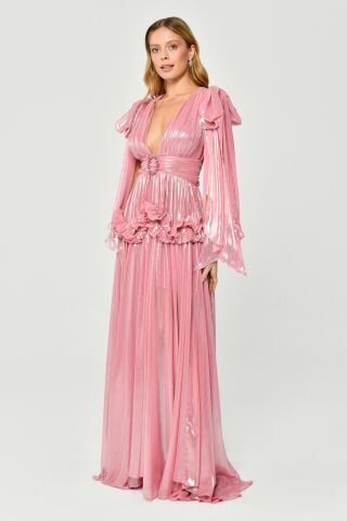 Kleid mit tiefem V-Ausschnitt, Rüschen und Schnallen, glänzendem Chiffon, langes Kleid, Rosa - 38