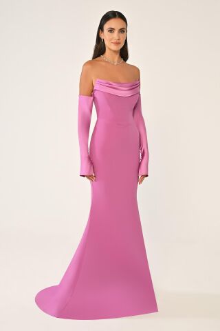 Straplez Kollu Balık Kesim Uzun Elbise GÜL KURUSU - 42