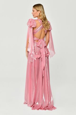 Derin V Yaka Beli  Fırfırlı Tokalı Parlak Şifon Uzun Elbise Pembe - 40
