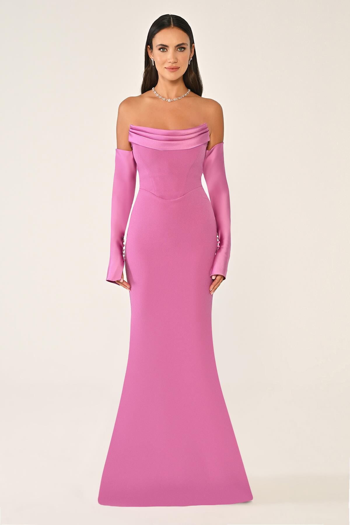 Straplez Kollu Balık Kesim Uzun Elbise GÜL KURUSU - 44