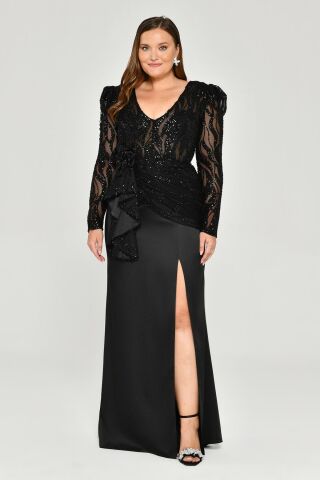 Vatkalı Uzun Kol Yırmaçlı Uzun Elbise Siyah - 46