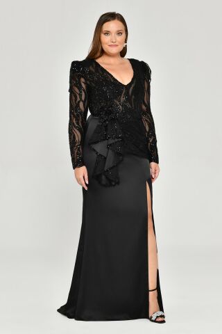 Vatkalı Uzun Kol Yırmaçlı Uzun Elbise Siyah - 46