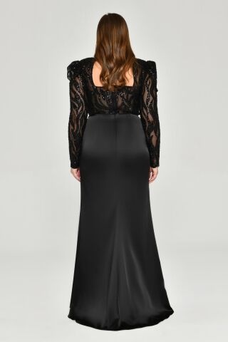 Vatkalı Uzun Kol Yırmaçlı Uzun Elbise Siyah - 46