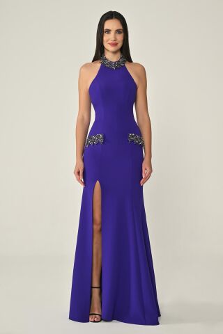 Halter Yaka Boyun ve Cep Taş Aksesuarlı Krep Uzun Elbise Mor - 36