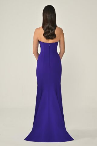 Halter Yaka Boyun ve Cep Taş Aksesuarlı Krep Uzun Elbise Mor - 36