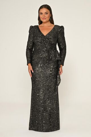 V Yaka Uzun Kollu  Payet Uzun Elbise SİYAH / ANTRASİT - 48
