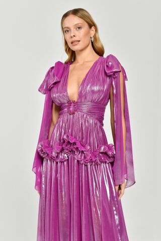 Derin V Yaka Beli  Fırfırlı Tokalı Parlak Şifon Uzun Elbise Eflatun - 40