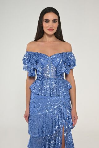 Düşük Omuz Kalp Göğüs Fırfırlı Payet Uzun Elbise MAVİ - 40