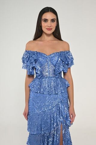 Schulterfreies, langes Kleid mit Rüschen und Pailletten im Herz-Brust-Stil, BLAU - 40