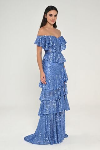 Schulterfreies, langes Kleid mit Rüschen und Pailletten im Herz-Brust-Stil, BLAU - 40