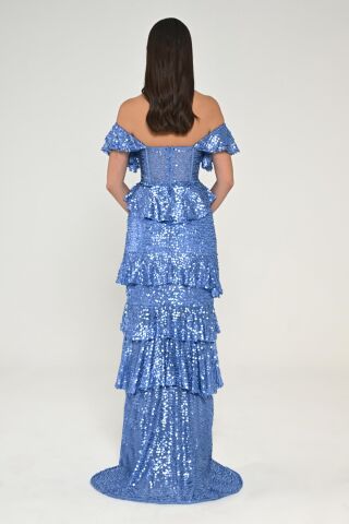 Düşük Omuz Kalp Göğüs Fırfırlı Payet Uzun Elbise MAVİ - 40