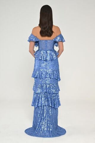 Schulterfreies, langes Kleid mit Rüschen und Pailletten im Herz-Brust-Stil, BLAU - 40