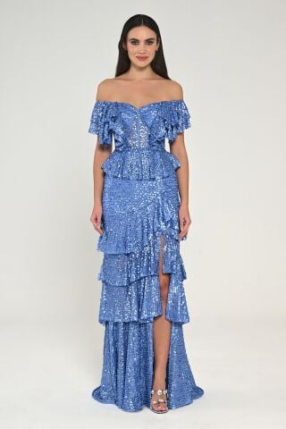 Schulterfreies, langes Kleid mit Rüschen und Pailletten im Herz-Brust-Stil, BLAU - 40