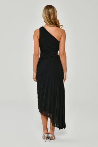 Tek Omuz Bel Dekolteli Pileli Asimetrik Kesim Şifon Midi Elbise Siyah - 40