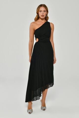 Tek Omuz Bel Dekolteli Pileli Asimetrik Kesim Şifon Midi Elbise Siyah - 40