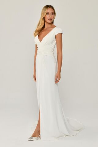 Derin V Yaka Önden Drapeli Kuyrukluı Krep Uzun Elbise Beyaz - 38