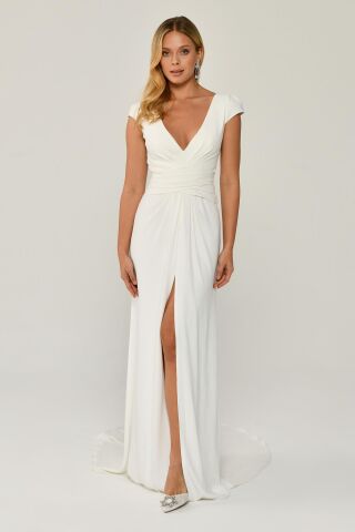 Derin V Yaka Önden Drapeli Kuyrukluı Krep Uzun Elbise Beyaz - 44
