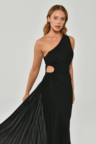 Tek Omuz Bel Dekolteli Pileli Asimetrik Kesim Şifon Midi Elbise Siyah - 44