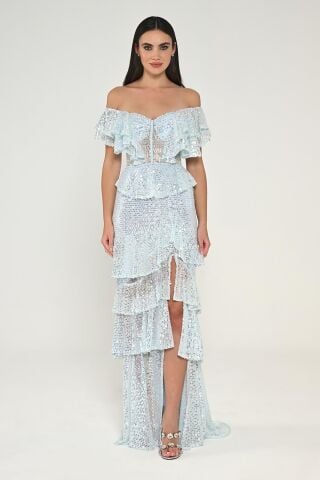 Düşük Omuz Kalp Göğüs Fırfırlı Payet Uzun Elbise AÇIK MAVİ - 42