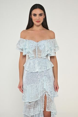 Düşük Omuz Kalp Göğüs Fırfırlı Payet Uzun Elbise AÇIK MAVİ - 42