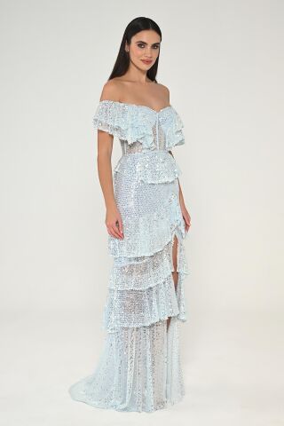 Düşük Omuz Kalp Göğüs Fırfırlı Payet Uzun Elbise AÇIK MAVİ - 42