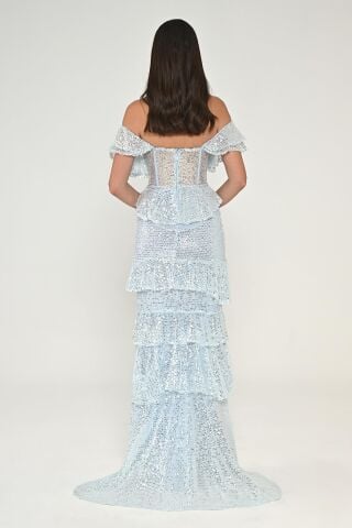 Düşük Omuz Kalp Göğüs Fırfırlı Payet Uzun Elbise AÇIK MAVİ - 42