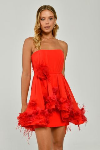 Straplez Eteği Tüylü Şifon Kısa Elbise ORANGE - 42