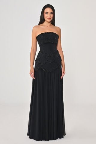 Straplez Şal Kollu Boncuklu Üst Krep Alt Şifon Uzun Elbise