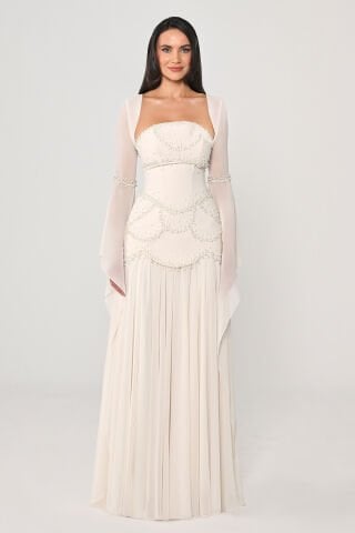 Straplez Şal Kollu Boncuklu Üst Krep Alt Şifon Uzun Elbise