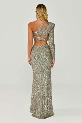 Tek Kol Önden Yırtmaçlı Payet Kumaş Uzun Elbise Bej - 38