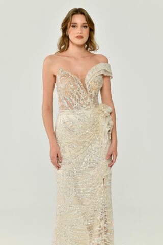 Düşük Tek Omuz Yırtmaçlı Tül Uzun Elbise EKRU - 36