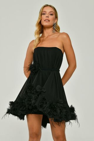 Straplez Eteği Tüylü Şifon Kısa Elbise Siyah - 42